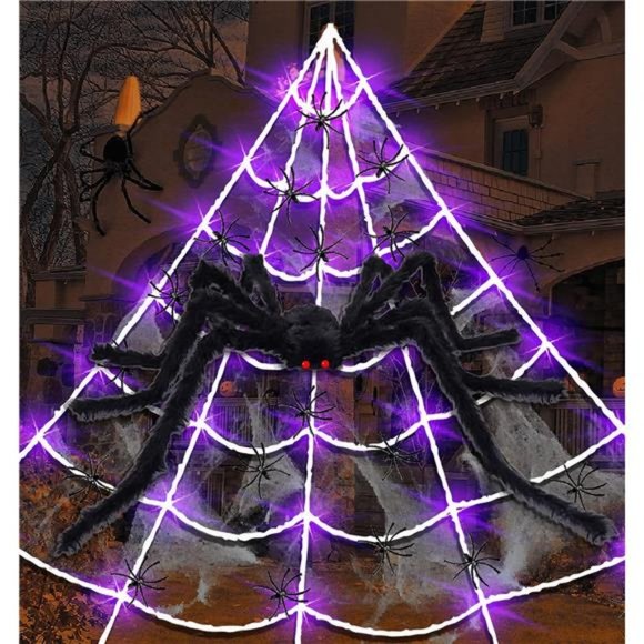 Halloween Decorations Outdoor Giant Spider Web 200" with Purple Lights + 59" - Picture 1 of 6
